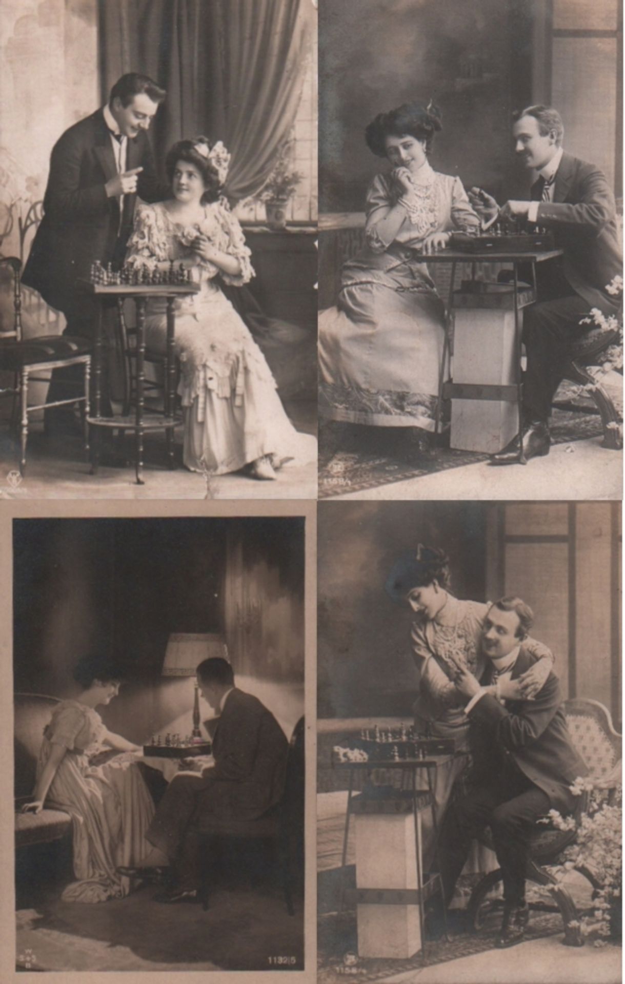 Postkarte. Galante Paare beim Schachspiel. 8, teils farbige und teilweise postalisch gelaufene