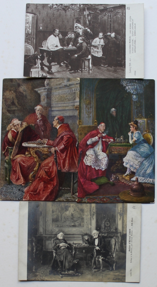 Postkarte. Geistliche Herren beim Schachspiel. 4 postalisch gelaufene Postkarten, davon 2 farbig aus