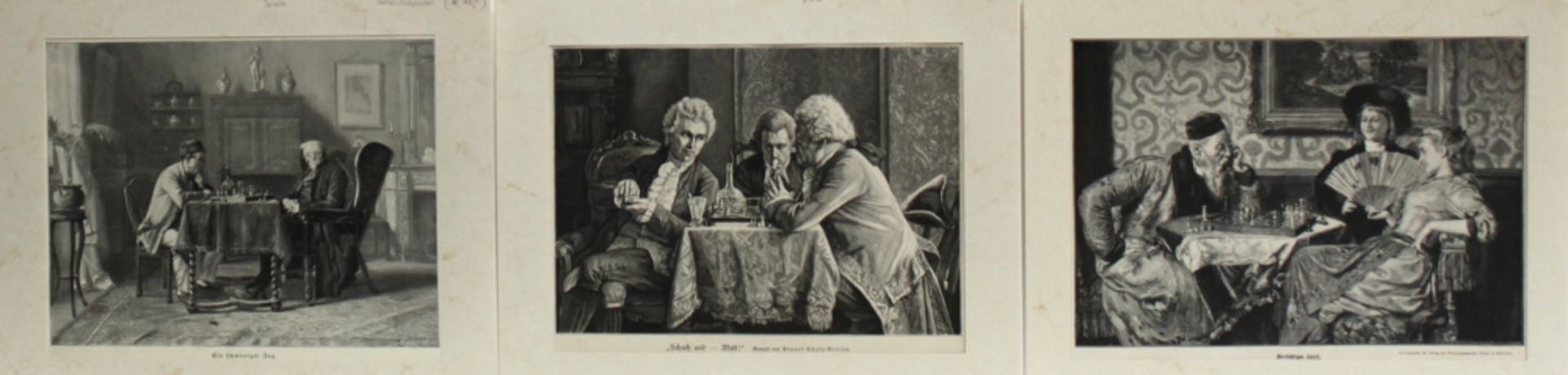 Schachgraphik. Konvolut von 6 Holzstichen / Drucken mit Schachmotiven aus der Zeit um 1890.