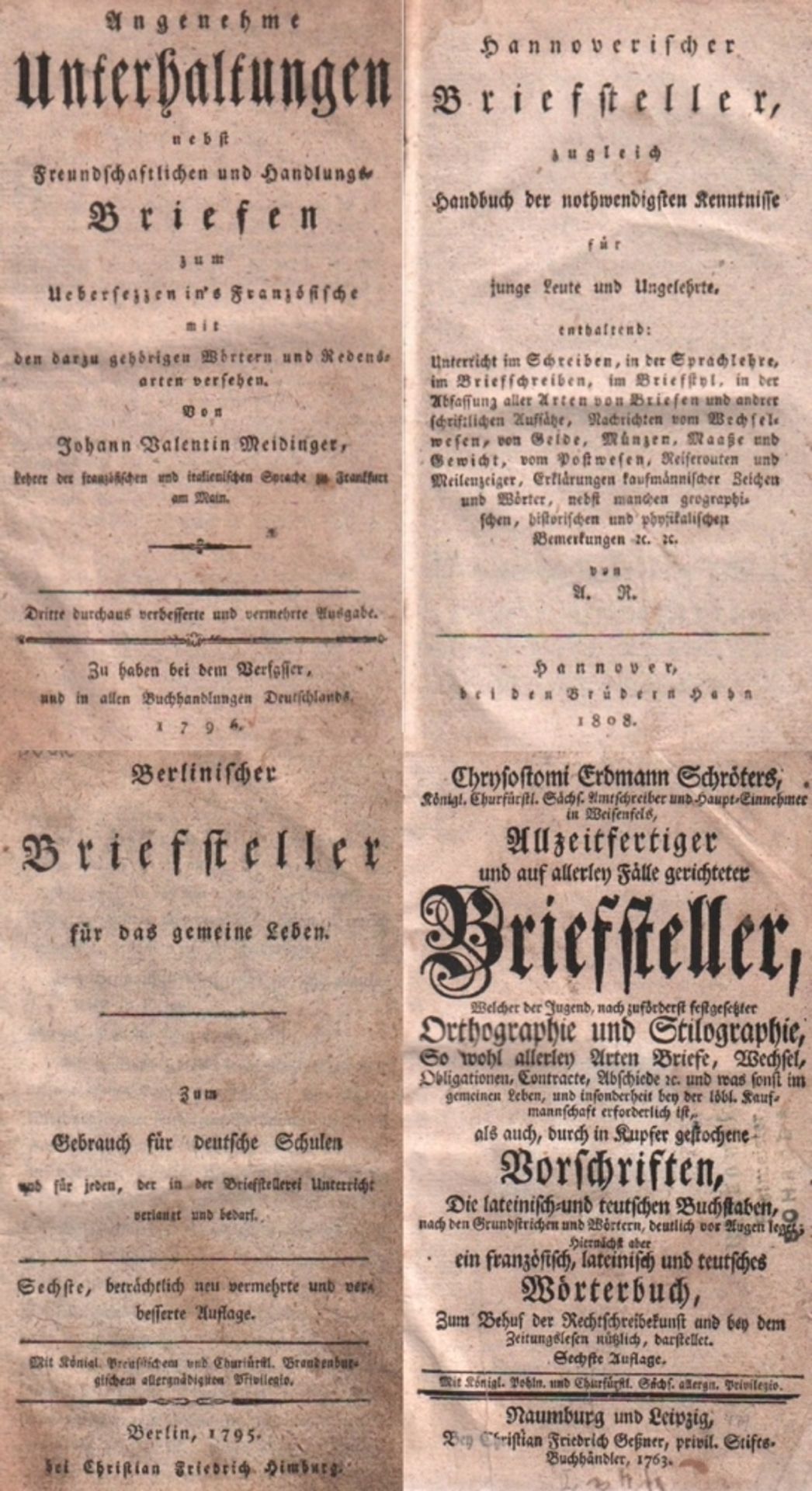 Briefsteller. Konvolut von 4 Briefsteller – Bänden aus der Zeit 1763 - 1808. 8°. Verschiedene