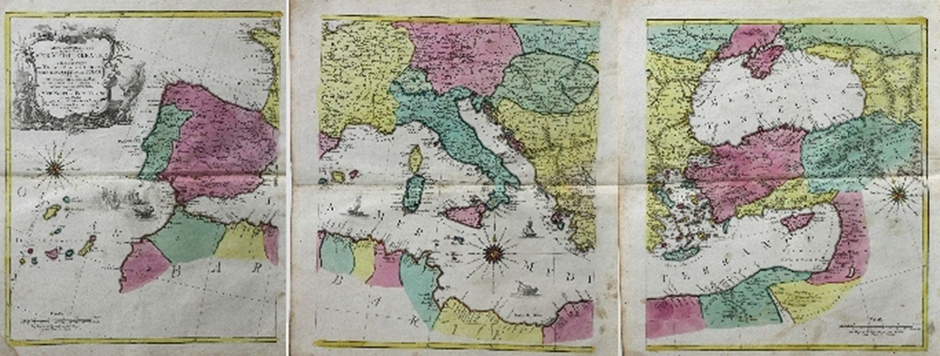 Mittelmeer. Drei einzeln zusammengehörige kolorierte Kupferstichkarten von Conrad Lotter in der