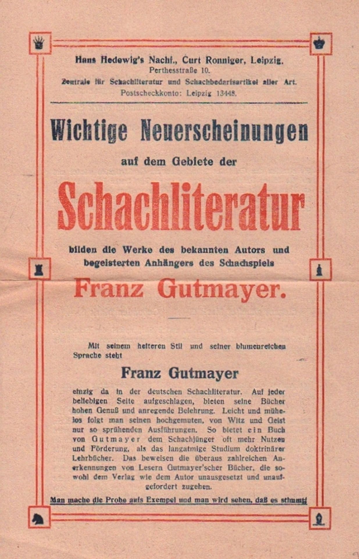 Gutmayer, Franz. Prospekt des Verlages Curt Ronniger, Leipzig ca. 1917 mit "Wichtigen
