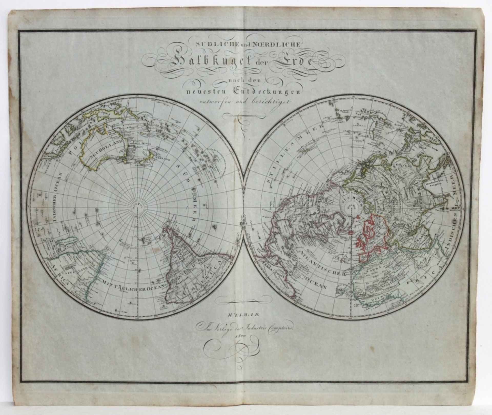 Landkarten. Weltkarte. Die Südliche und Nördliche Halbkugel. Grenzkolorierte Kupferstichkarte auf