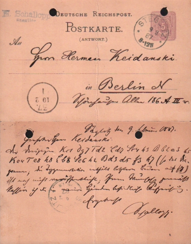 Schallopp, Emil. Postalisch gelaufene Postkarte mit eigenhändig geschriebenem Text von Emil