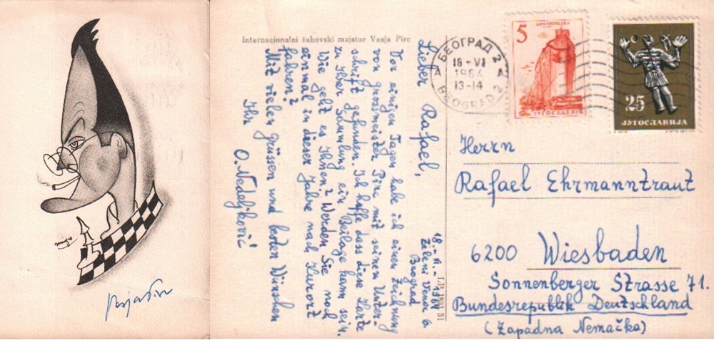 Pirc, Vasja. Postalisch gelaufene Postkarte aus dem Jahr 1964 mit eigenhändiger Unterschrift des