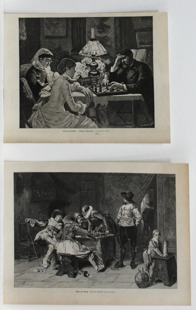Schachgraphik. Konvolut von 5 Holzstichen / Drucken mit Schachmotiven aus der Zeit um 1900.