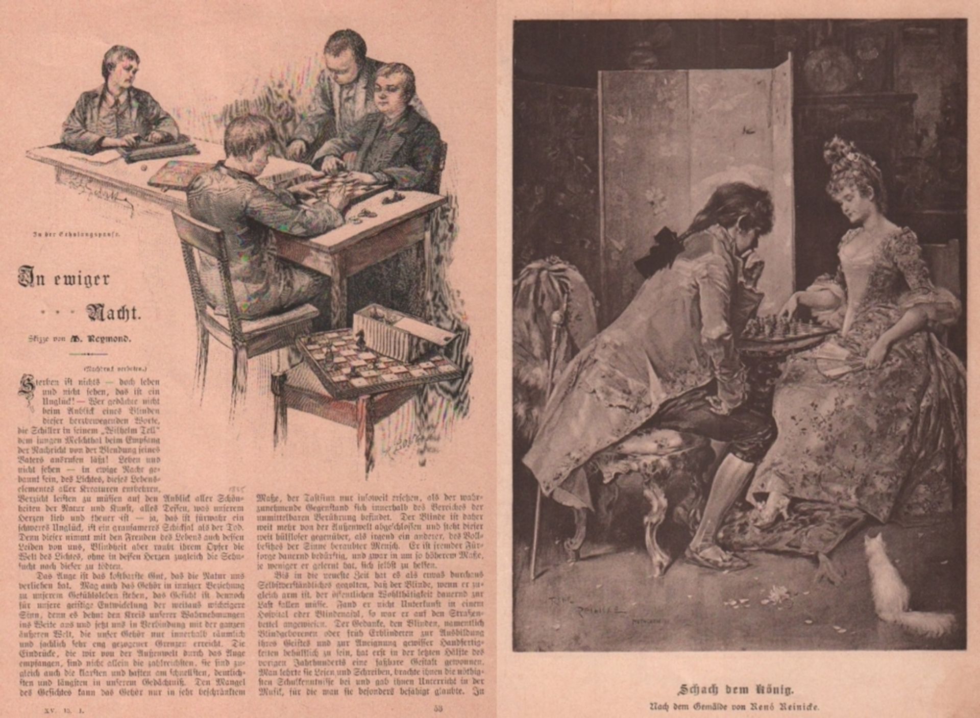 Schachgraphik. Konvolut von 8 Holzstichen / Drucken mit Schachmotiven aus der Zeit um 1890.
