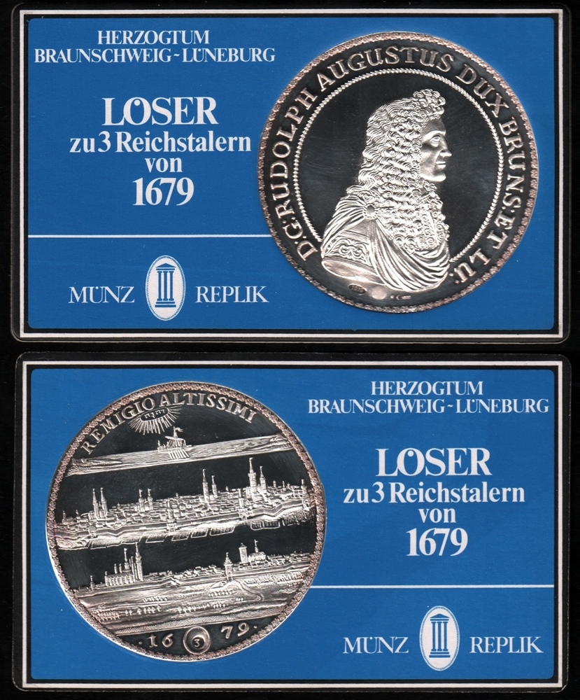 Braunschweig. Feinsilber - Nachprägung aus dem Jahr 1979: Löser zu 3 Reichstalern von 1679.