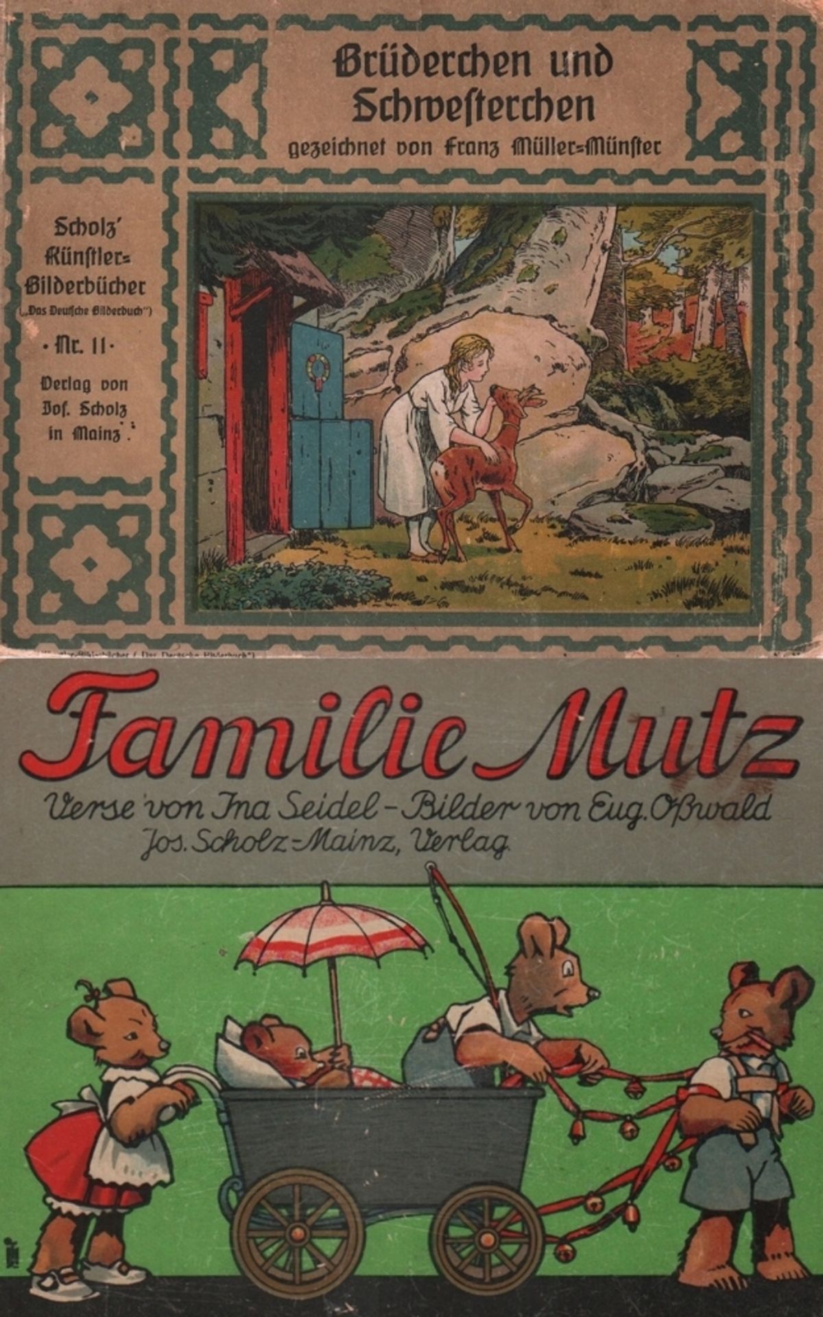 Kinderbuch. Grimm. Brüderchen und Schwesterchen. Mainz, Scholz, um 1920. Quer 4°. Mit farbigen