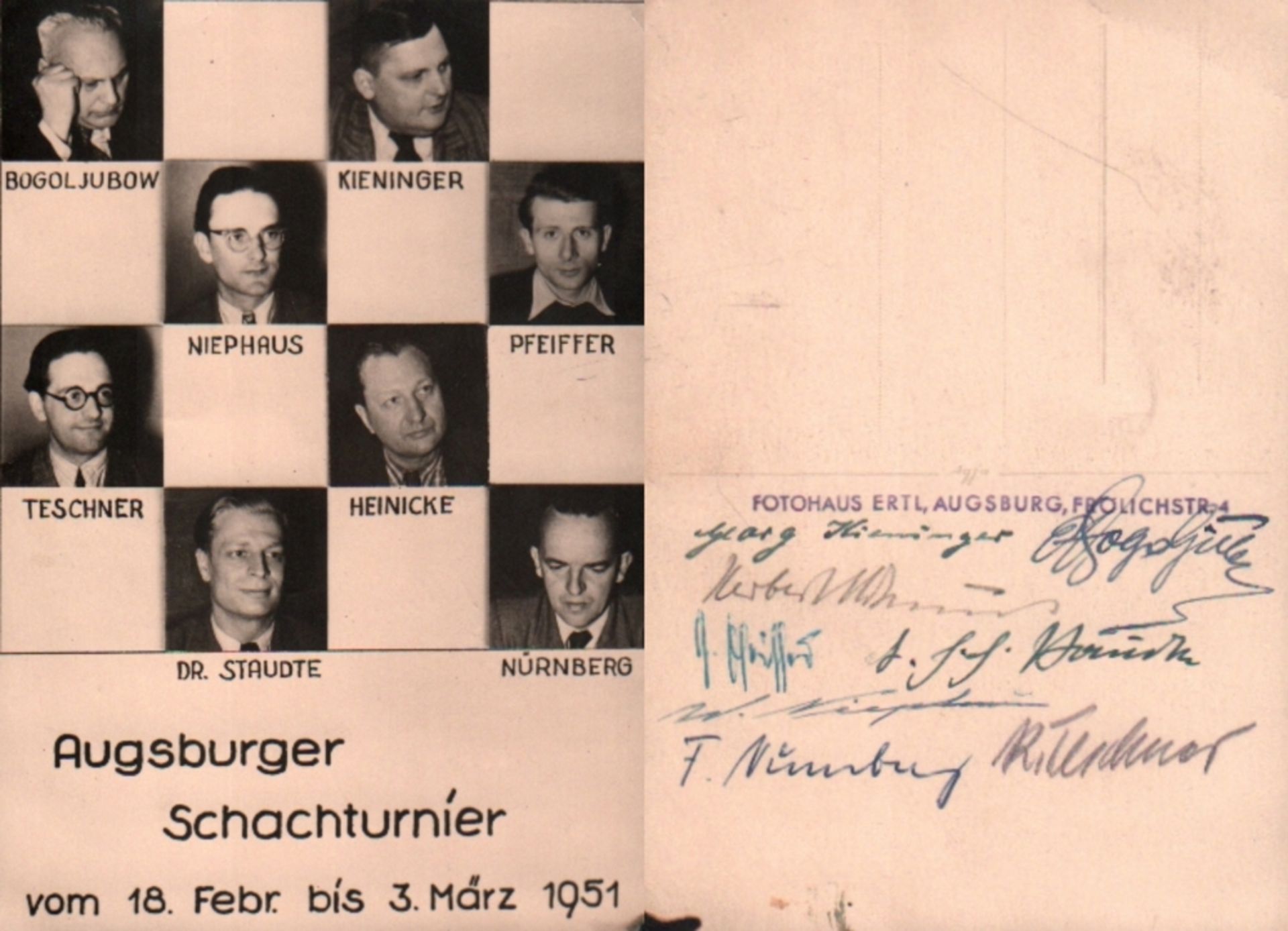 Augsburg 1951. Postalisch nicht gelaufene, schwarzweiße Postkarte mit 8 eigenhändigen