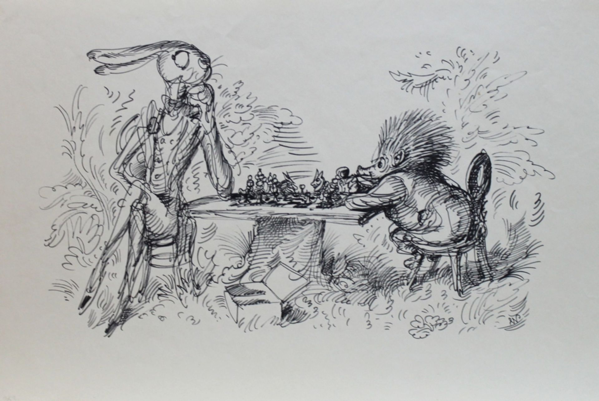 Weber, A. Paul. (Hase und Igel beim Schach). Originale Federzeichnung von A. Paul Weber, aus der