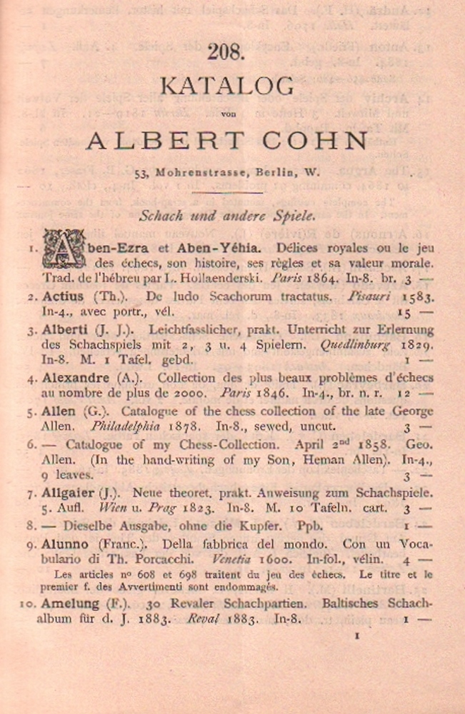 Cohn. 208 Katalog von Albert Cohn in Berlin. Schach und andere Spiele. Berlin, Cohn, 1896. 8°. Mit 1