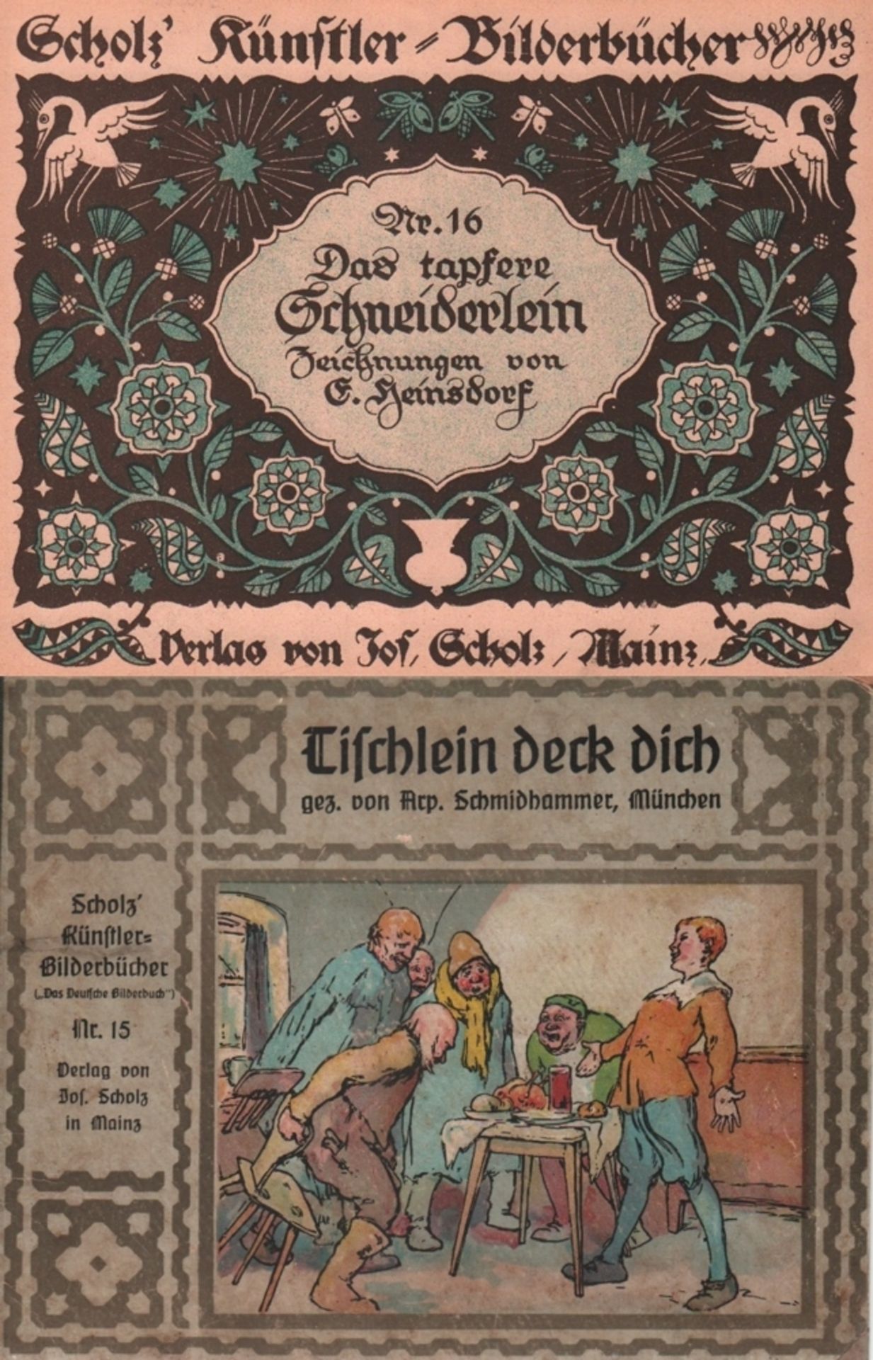 Kinderbuch. Heinsdorff. Das tapfere Schneiderlein. Mainz, Scholz, um 1920. Quer 4°. Mit farbigen