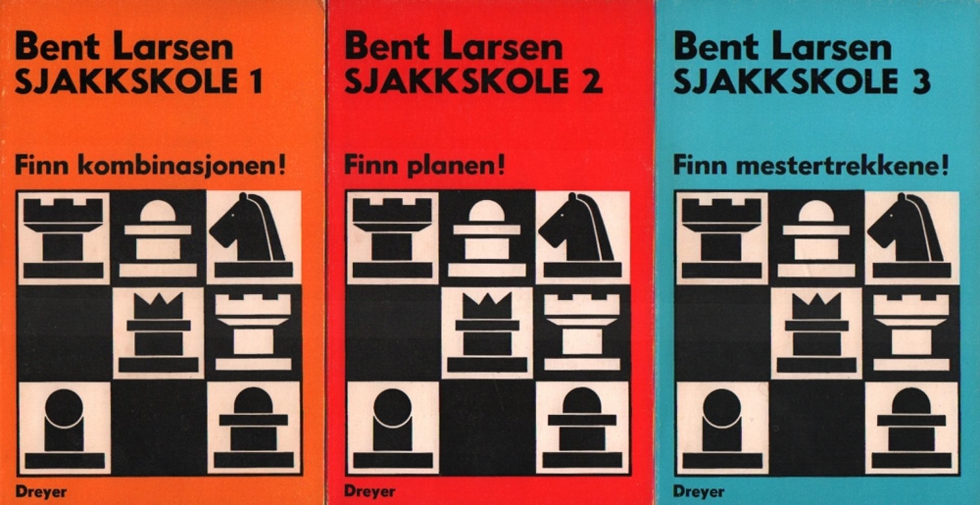 Larsen, Bent. Sjakkskole. Band 1 – 3 (von 6). Oslo, Dreyer, 1979. 8°. Mit Diagrammen. 45; 58; 47