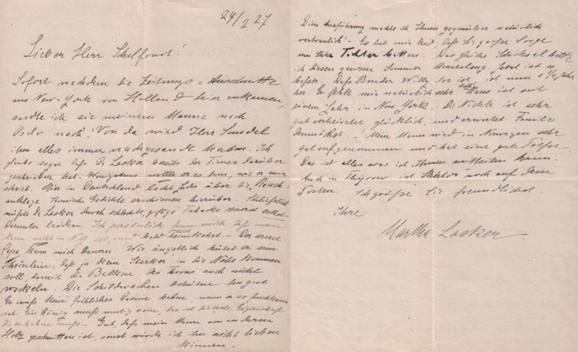 Lasker, Martha. Eigenhändig geschriebener Brief von Martha Lasker an W. A. T. Schelfhout in