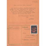 Müller, Hans. Postalisch gelaufene Postkarte auf getöntem Papier mit maschinegeschriebenem Text