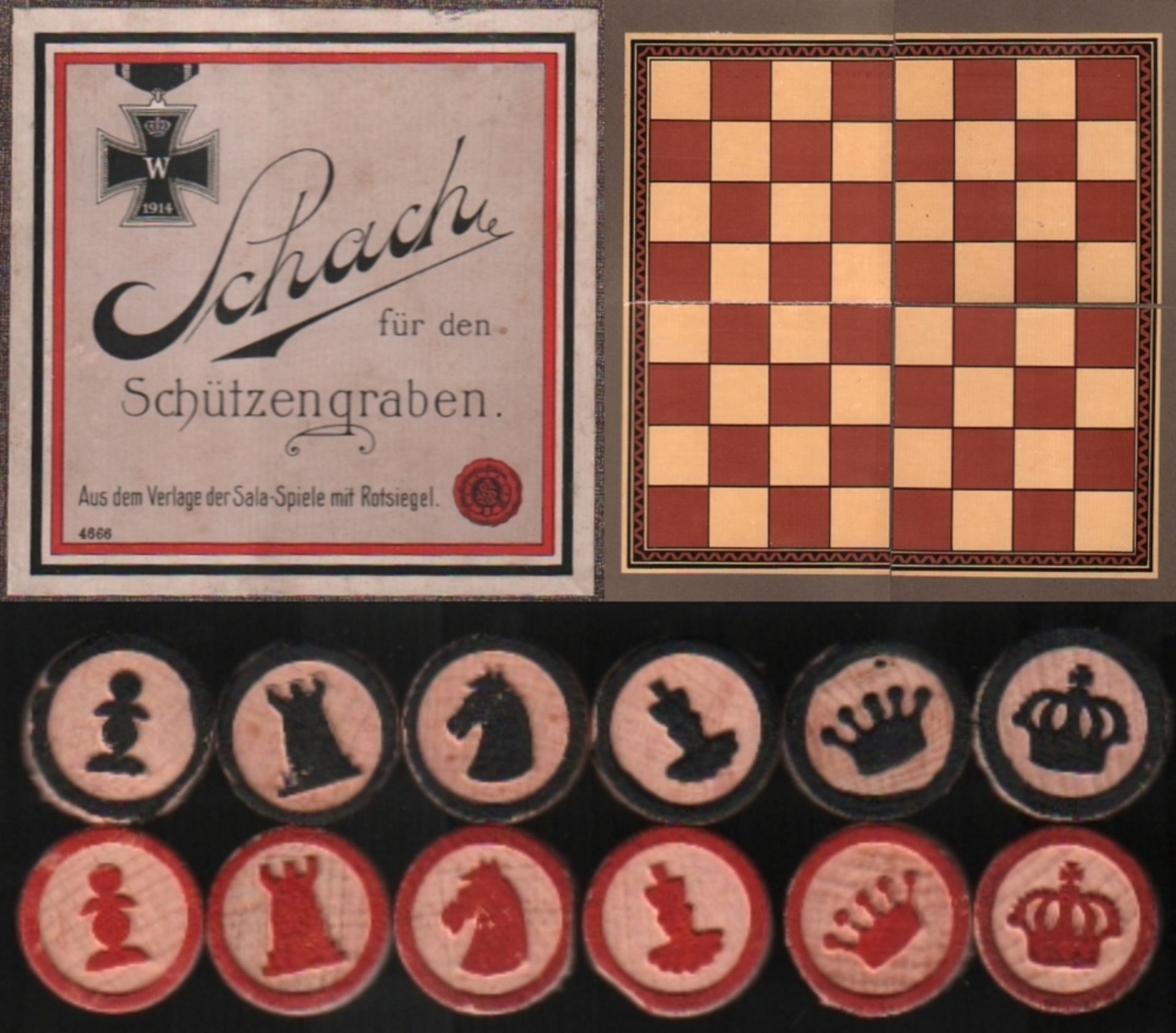 Deutschland. Schach für den Schützengraben. Schachfigurensatz mit 32 runden Spielsteinen aus Holz