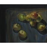 Orlob, Bernward. (Stillleben mit Äpfeln). Öl / Acrylmalerei (Mischtechnik) auf Hartfaserplatte.