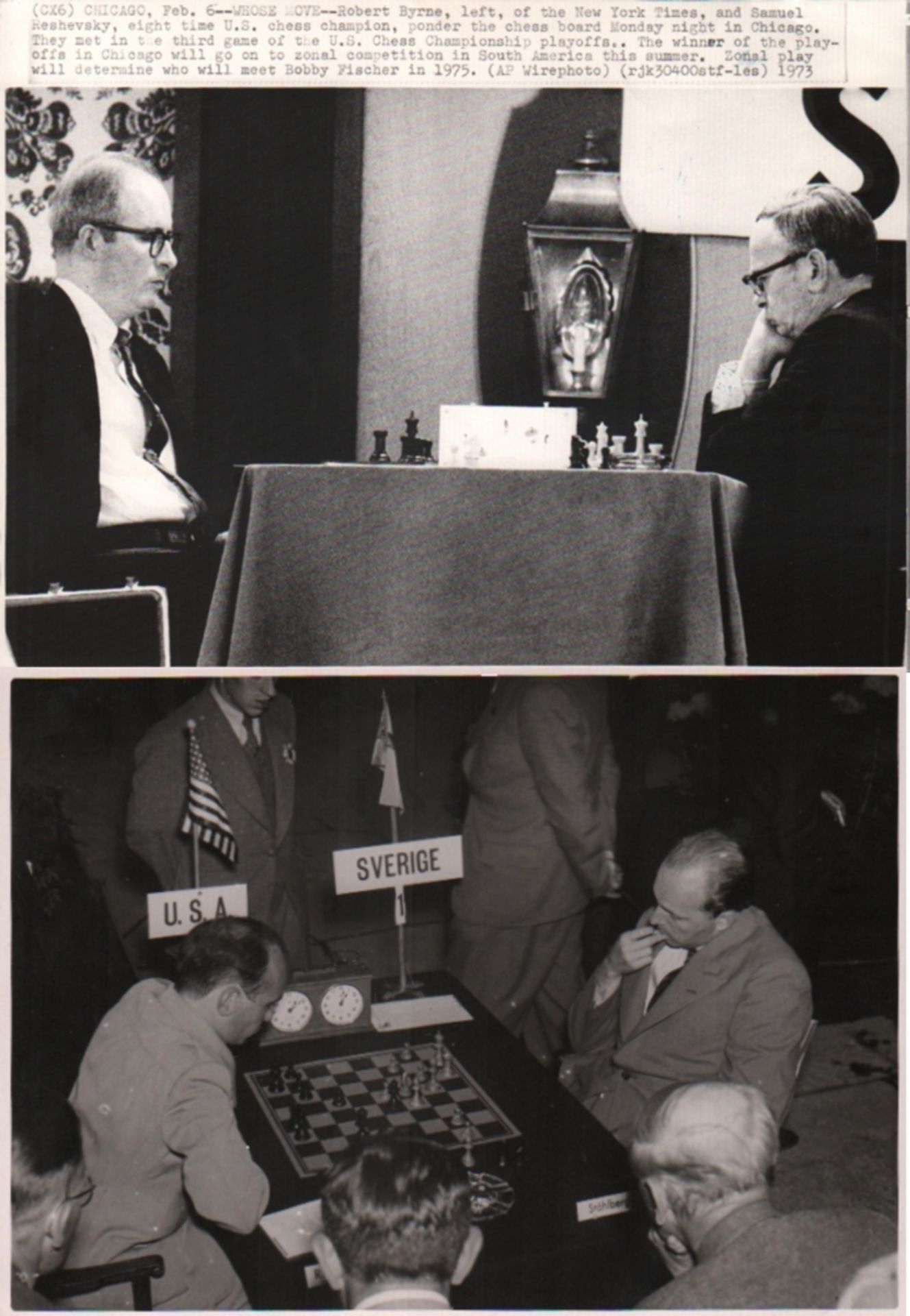 Foto. Reshevsky, Samuel. 2 schwarzweiße Fotos mit Aufnahmen von Samuel Reshevsky bis Schachpartien