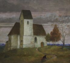 Huber-Sulzemoos, Hans. (Kapelle vor Alpenlandschaft). Ölgemälde (Mischtechnik) auf Holz. Unten