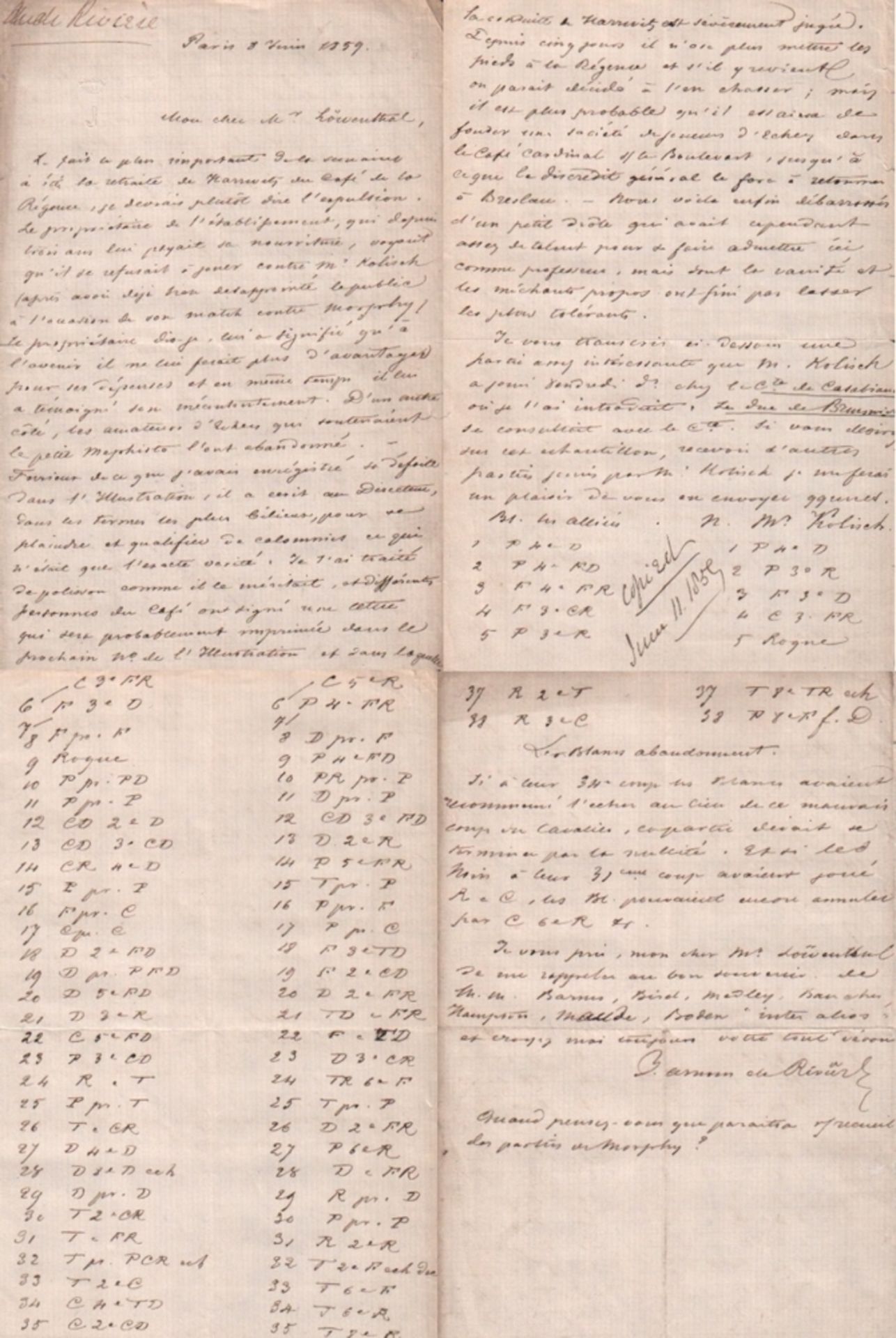 Rivière, Jules Arnous de. Eigenhändig geschriebener Brief von Jules Arnous de Rivière an Löwenthal