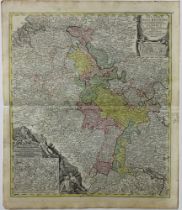 Landkarten. Deutschland. Rhein. Kolorierte Kupferstichkarte von J. B. Homann, ca. 1710. Bildgröße 48