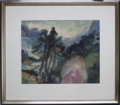 Stahl – Schultze, Ursula. (Abendliche Landschaftsimpression mit Ehepaar). Aquarellmalerei (