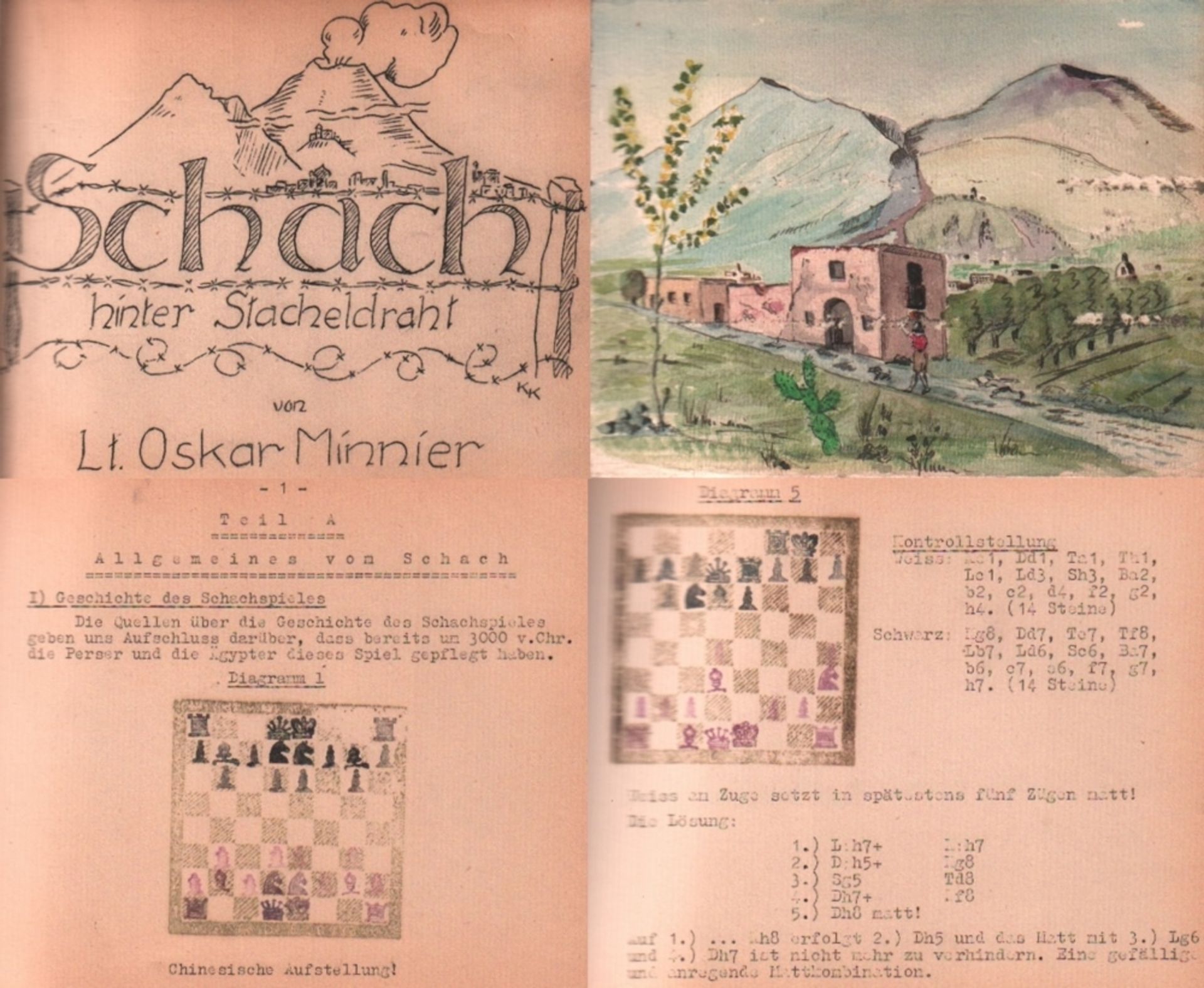 Minnier, Oskar. Schach hinter Stacheldraht. (Neapel 1945). 8°. Mit vielen Diagrammen. 6 Bll. (