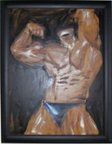 Orlob, Bernward. (Bodybuilder). Öl / Acrylmalerei (Mischtechnik) auf Hartfaserplatte. Unten links