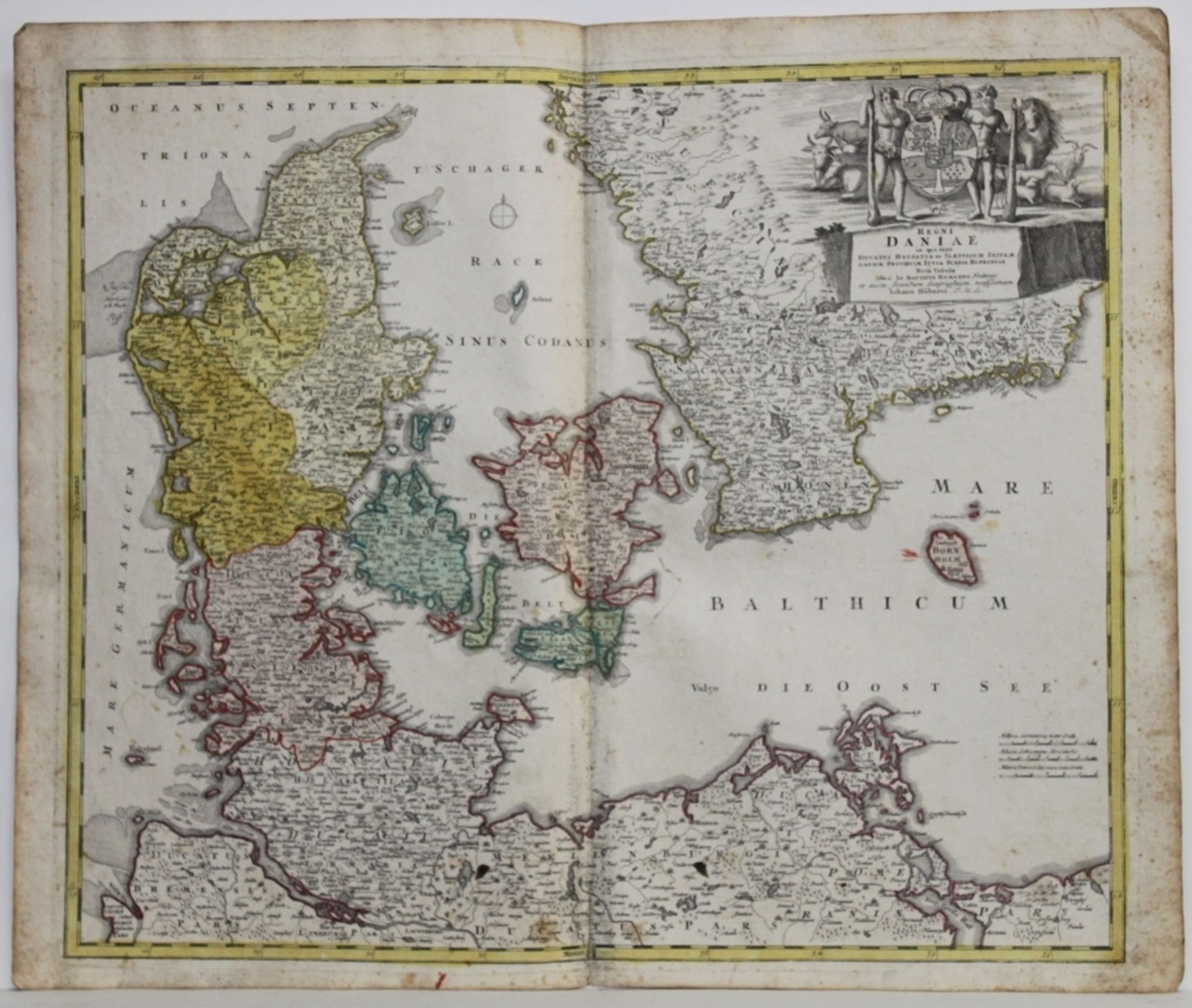 Landkarten. Dänemark. Kolorierte Kupferstichkarte nach Hübner von J. B. Homann, Nürnberg ca. 1716.