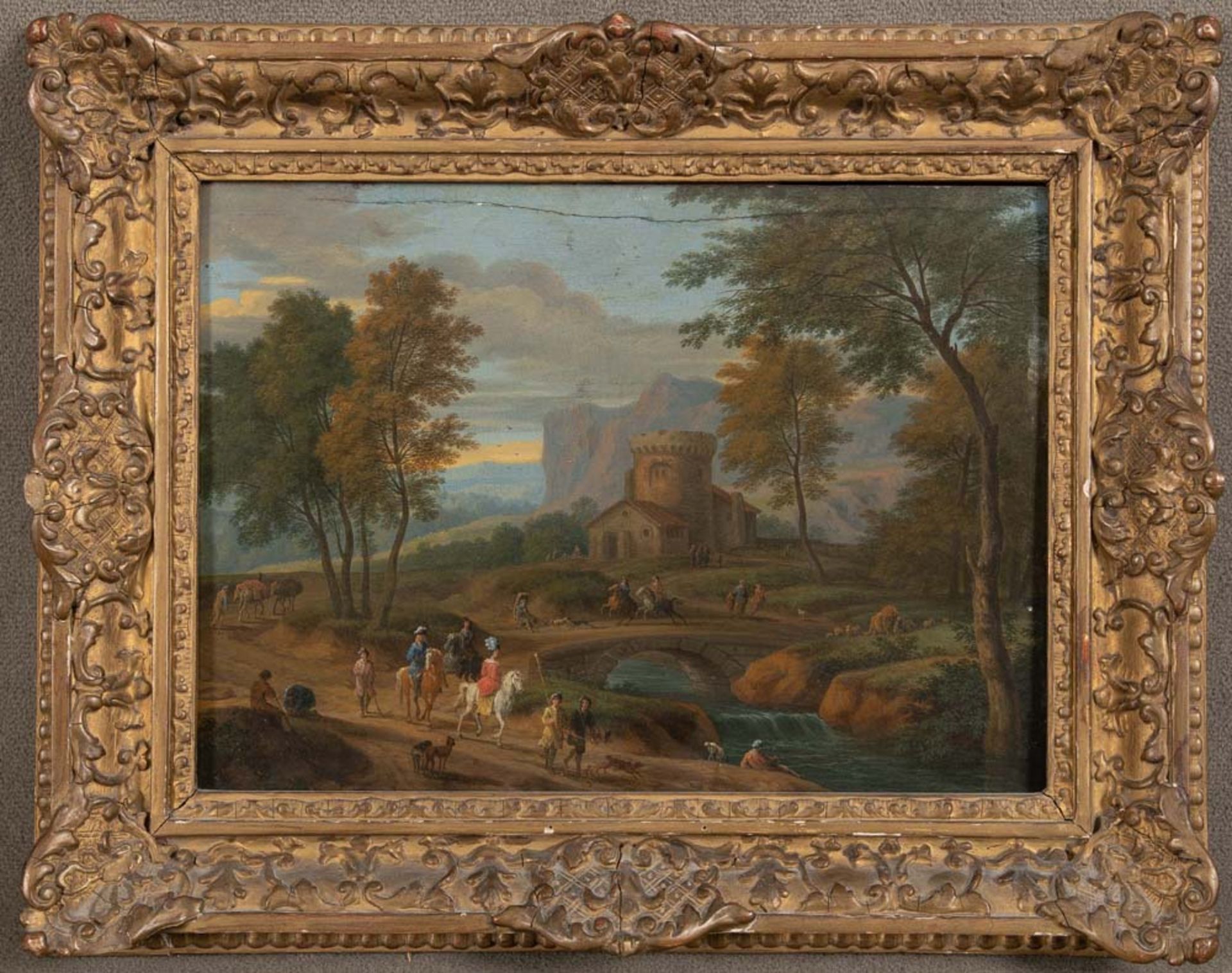 Flämischer Meister des 17. Jhs. Landschaft mit einer Jagdgesellschaft. Öl/Holz, gerahmt, 25 x 33 cm.