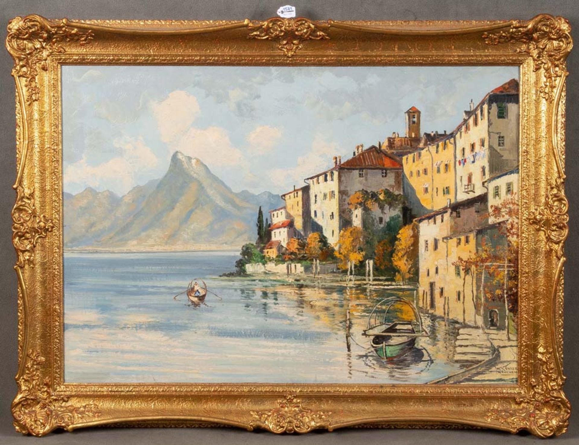 Julius Köhrer (1897-?). Südliche Stadtansicht am See, Berge im Hintergrund. Öl/Lw., re./u./sign.,