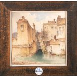 Anton Doll (1826-1887). Stadtansicht mit Fluss, am Ufer Personen. Aquarell, re./u./sign., re./u./