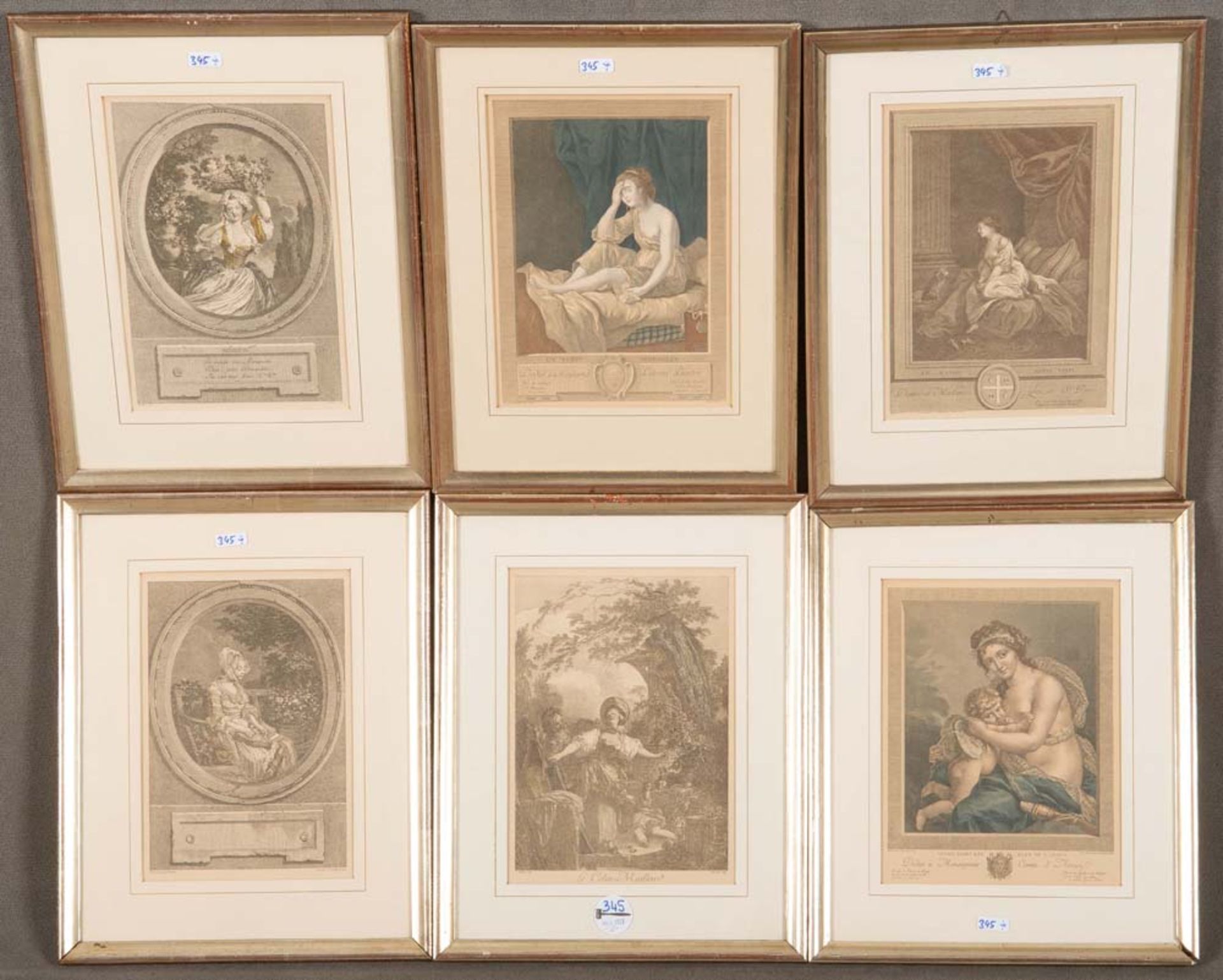Sechs Kupferstiche. Figürliche Szenen, u.a. Baudouin, Fragonard, Louise-Elisabeth Vigée, teilw.