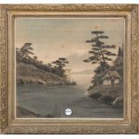 Maler des 20. Jhs. Bucht mit Segelboot und Gebäude, im Hintergund der Fuji. Stoff, bemalt, hi./Gl./