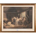 George Morland (1762-1804). „The farmer's stable“. Colorierte Lithographie, li./u./sign., mittig