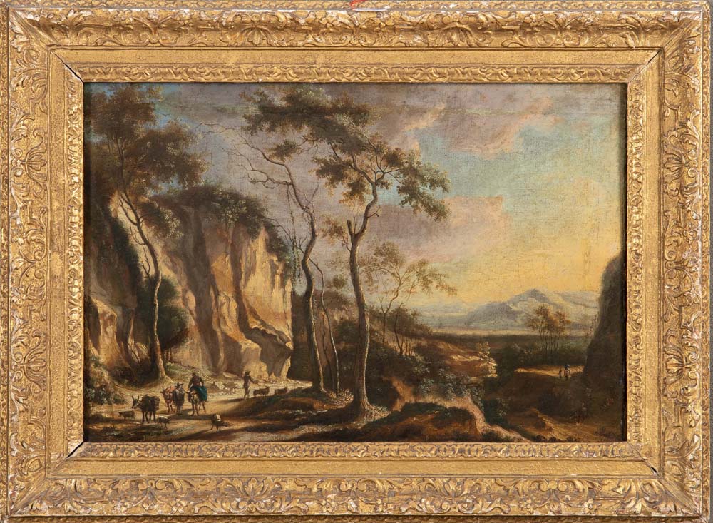 Jan Dirksz Both (1615/18-1652) attrib. Italienische Landschaft mit Eseltreiber. Öl/Lw., gerahmt,