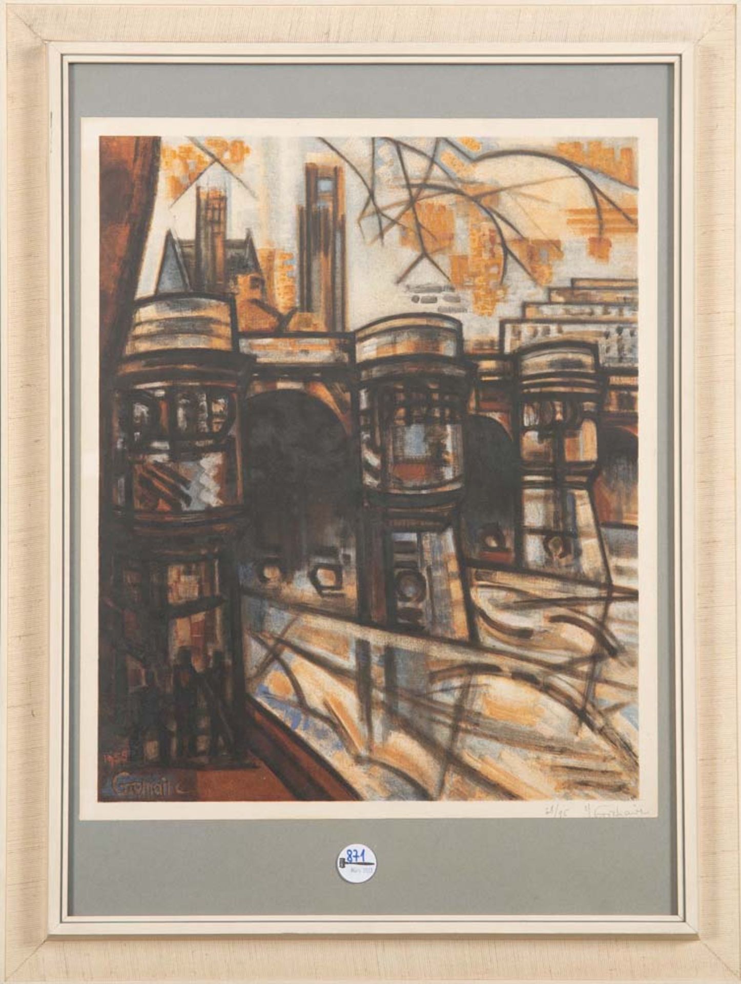 Marcel Gromaire (1892-1971). Stadtansicht mit Brücke. Farblithographie, li./u./sign., dat. 1955,