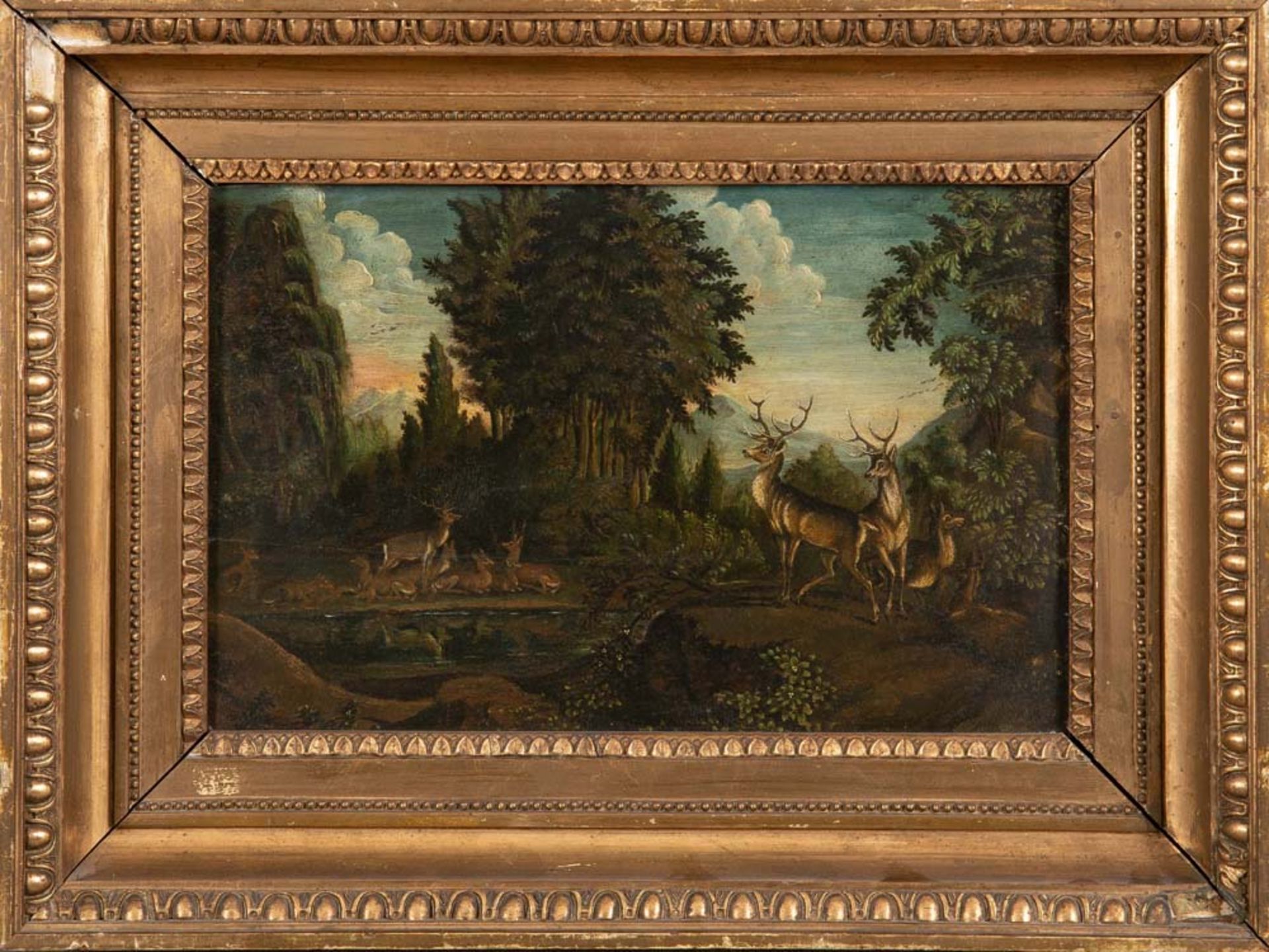 Johann Elias Ridinger (1698-1767) attrib. Waldlandschaft mit Hirschen und Rehen. Öl/Holz, gerahmt,