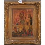 Ikone. Russland 19. Jh. Hl. Familie, Hl. Georg und weitere Heilige. Öl/Holz, gerahmt, 30 x 23 cm.
