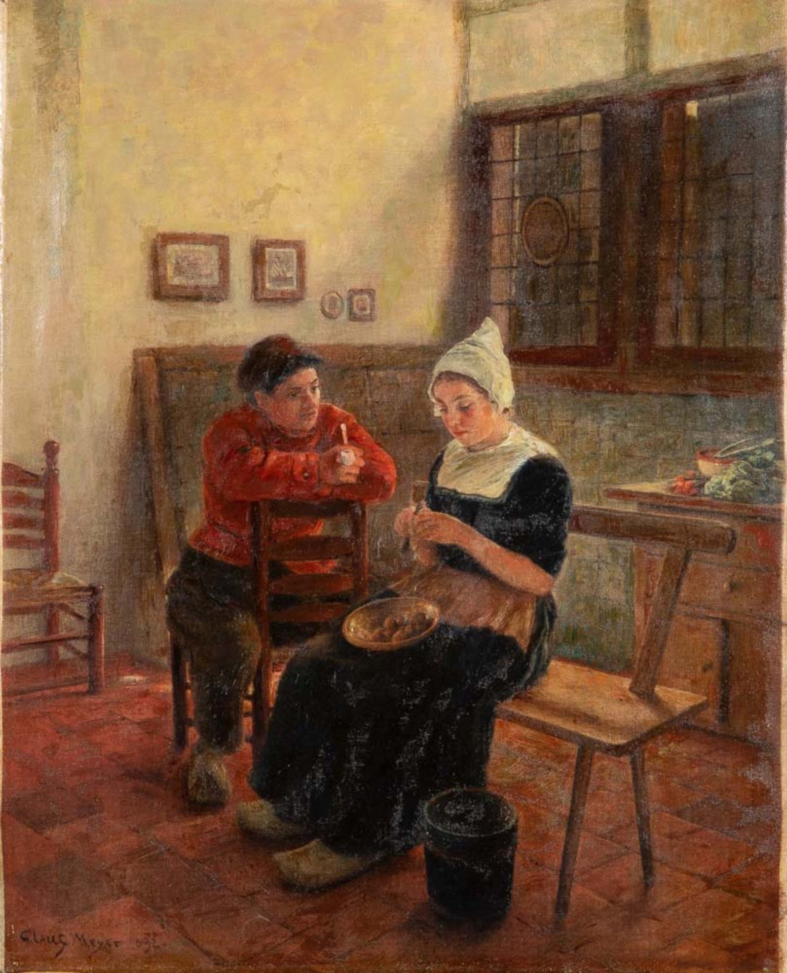 Claus Meyer (1856-1919). Zimmerinterieur mit Paar, Öl/Lw., li./u./sign., dat. 1892, 46 x 27,5 cm