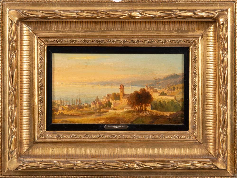 Heinrich Koch (1806-1893) attrib. Blick auf See. Öl/Lw, gerahmt, 15 x 36 cm.