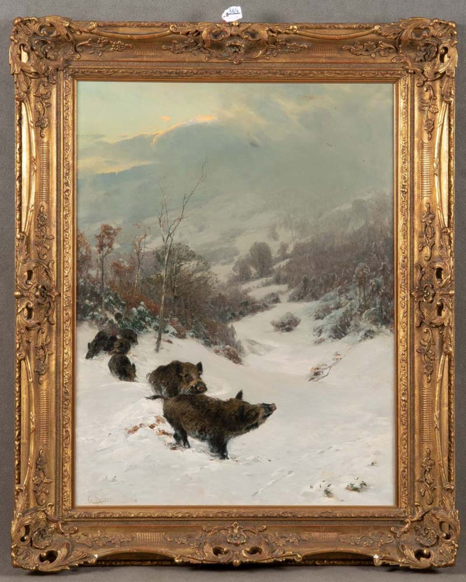 Johann Christian Kröner (1838-1911). Wildschweinrotte in Winterlandschaft. Öl/Lw., li./u./sign.,