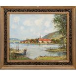 Julius Köhrer (geb.1897). Blick auf den Tegernsee mit altem Kloster. Öl/Sperrholz, li./u./sign.