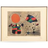 Juan Miró (1893-1983). Abstrakte Figuren mit Sonne. Farblithographie, re./u./sign., dat. 1954, li./