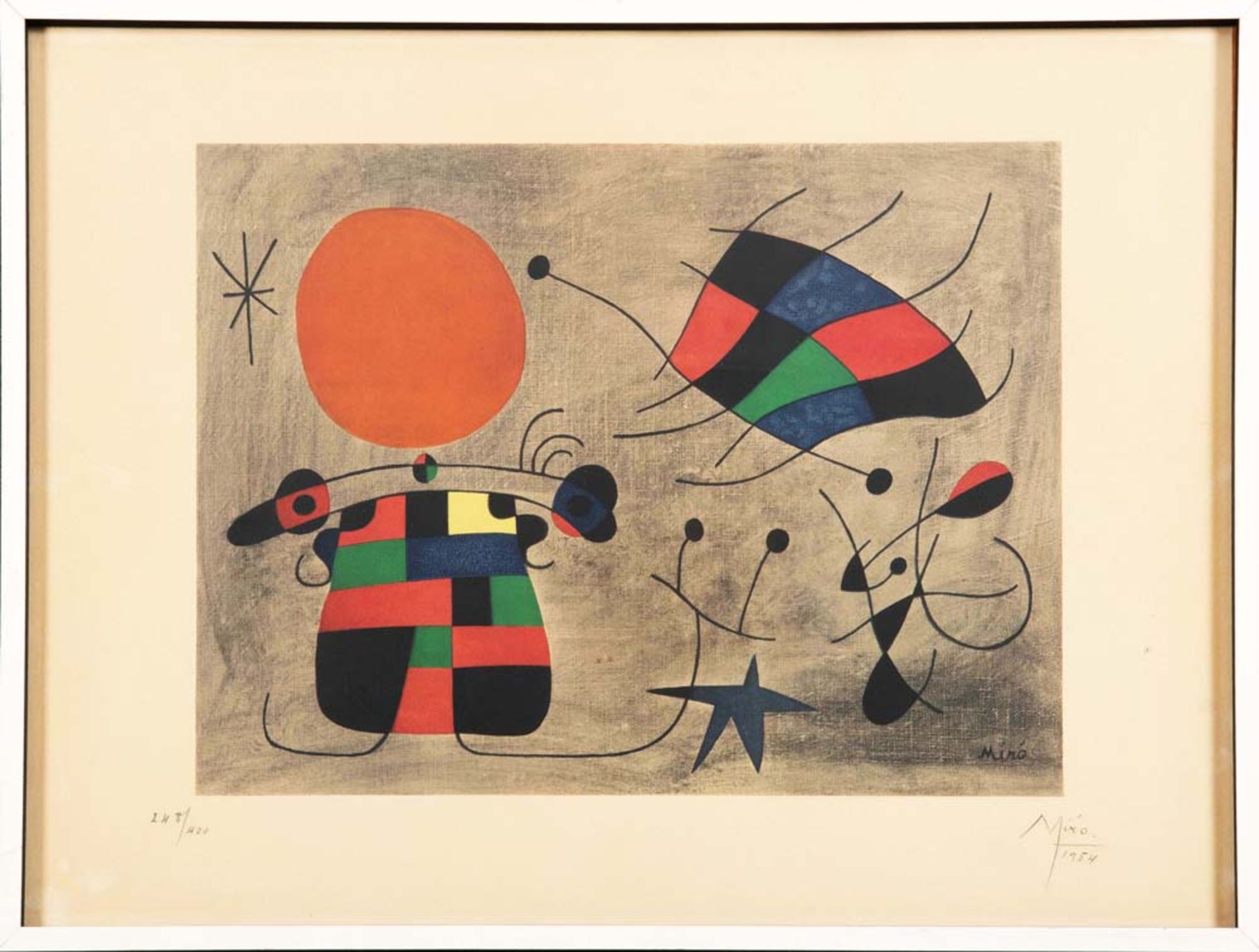 Juan Miró (1893-1983). Abstrakte Figuren mit Sonne. Farblithographie, re./u./sign., dat. 1954, li./