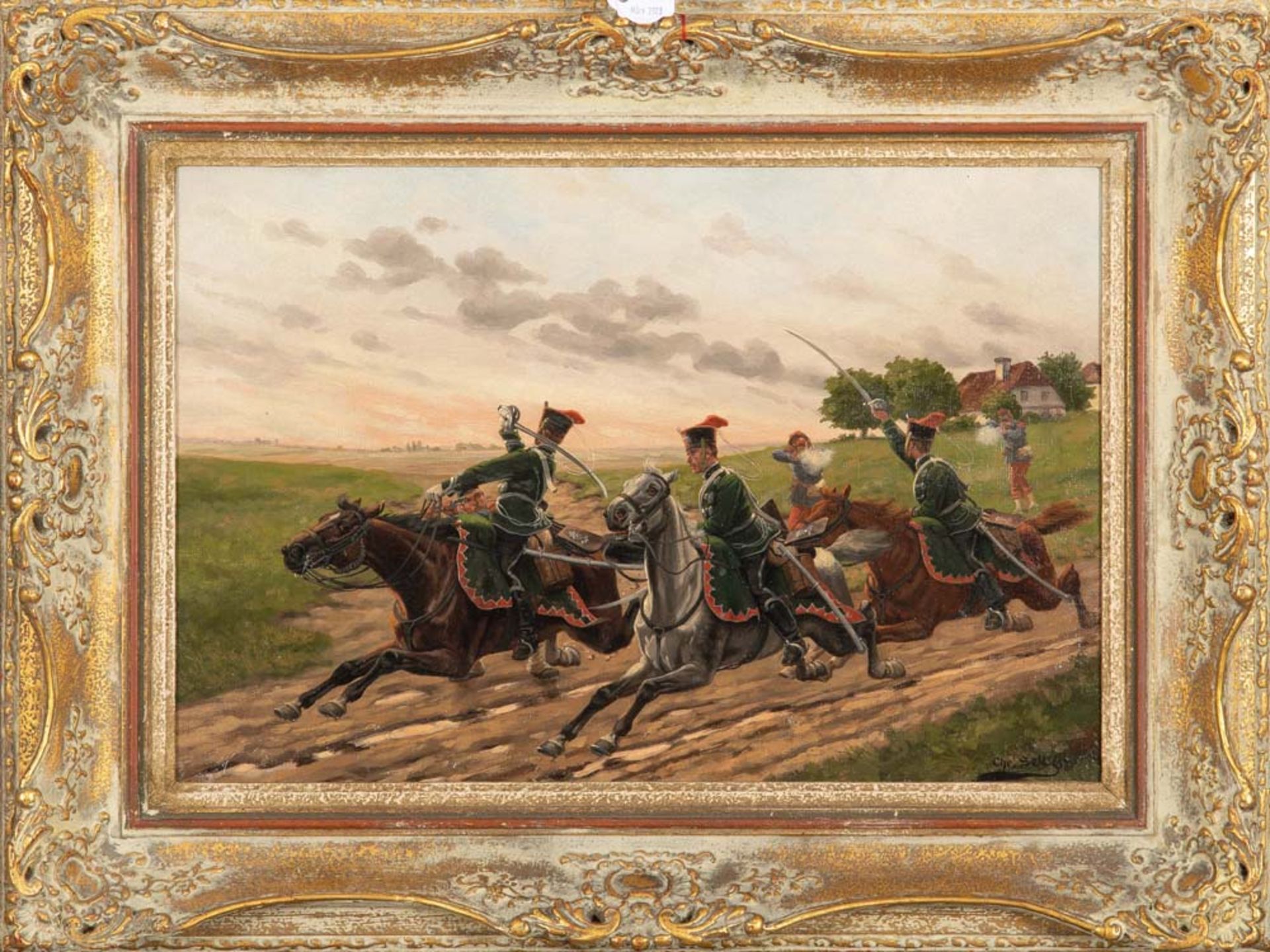 Christian Sell (1831-1883). Kavallerie bei Infanterie-Beschuss. Öl/Lw., re./u./sign. gerahmt, 37 x
