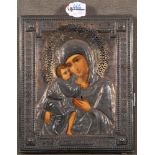 Ikone. Russland 19. Jh. Maria mit Jesus. Öl/Holz, Silberoklad mit 84er Stempel. Zertifikat von