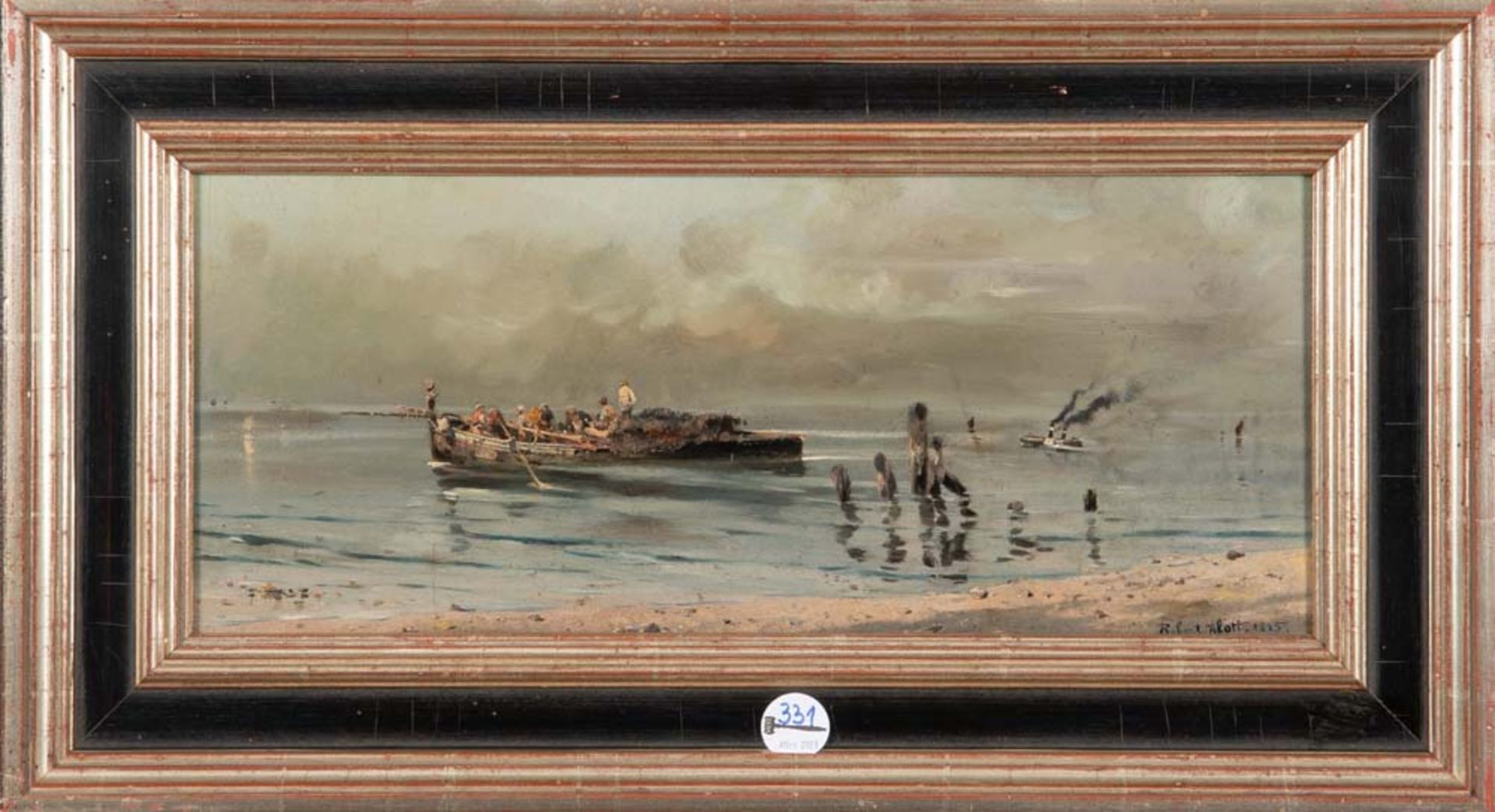 Robert Alott (1850-1910). Ruderboot an der Meeresküste, dahinter Dampfschiff. Öl/Malkarton, re./u./
