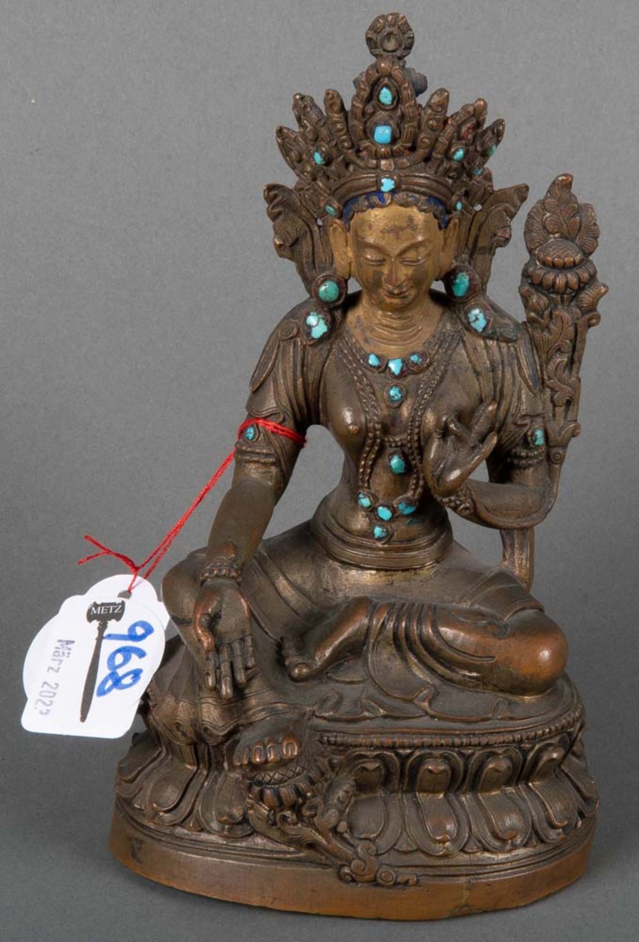 Grüne Tara. Tibet 19. Jh. Bronze, mit Türkisen, H=17 cm. (min. best.)